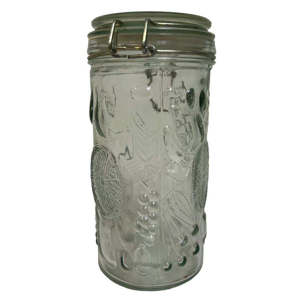 Vintage Fruit Embossed Clear Glass Canister with Flip Top 8" tall Collectable - Picture 6 of 8